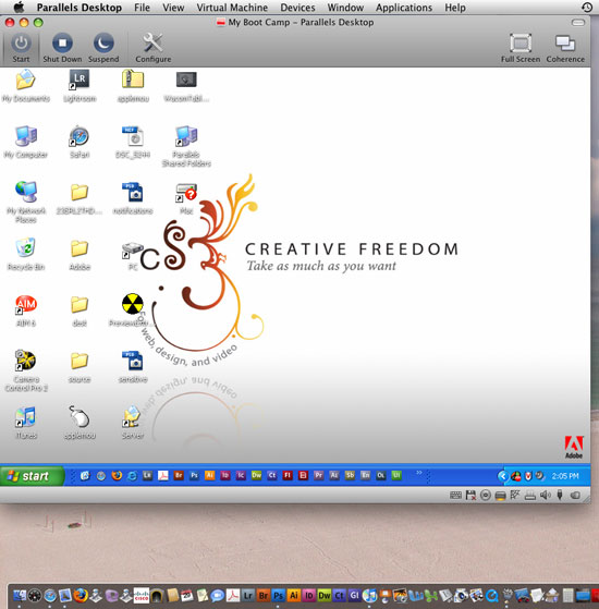 My Windows XP Boot Camp installation running in Parallels 4 as a Window on top of Mac OS X