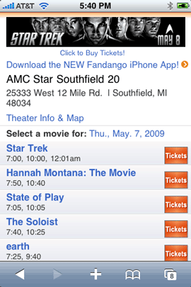 Fandango Mobile Site in Safari