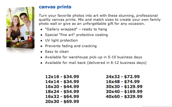 costco canvas prints prices