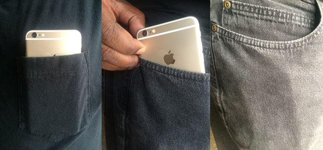 iPhone 6 Plus in my shirt pocket on the left and jeans pocket on the right