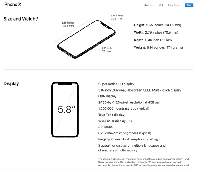 iphone x dimensions in inches