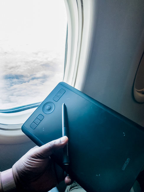 Holding the Wacom Intuos Small on a Plane